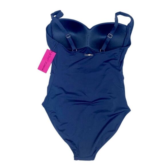 Betsey Johnson Women One Piece Bandeau Swimsuit Navy Blue Ruching Bandeau 2X New - Picture 2 of 5